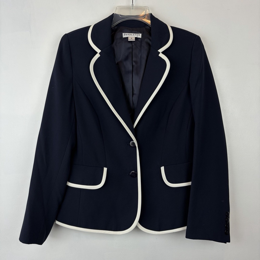 Pendleton Blazer Womens 8 Petite White Two Button Jacket Tuxedo Trim Nautical